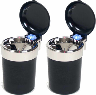 Auto Asbak - 2x - met LED verlichting en klepje - zwart - 11 x 9 cm
