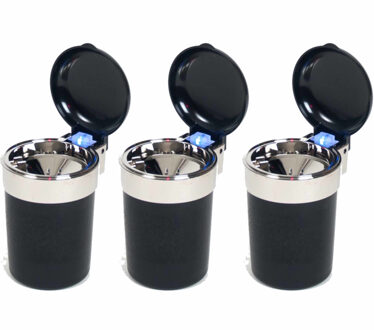 Auto Asbak - 3x - met LED verlichting en klepje - zwart - 11 x 9 cm