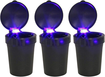 Auto asbak met LED lamp verlichting en klepje - 3x - zwart - 11 x 8 cm
