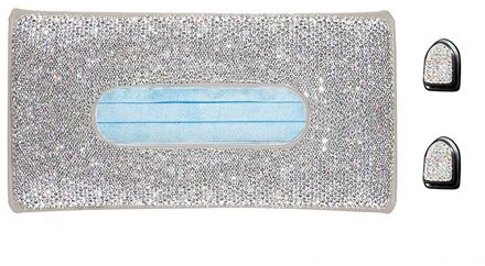 Auto Strass Kristal Tissue Doos Houder Opknoping Zonneklep Mount Auto Masker Doos Diamanten Interieur Decoratie Met Twee Haken wit