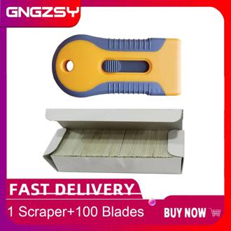 Auto Window Tint Tool Plastic Intrekbare Scheermes Schraper Met 100 Stuks Extra 1.5 Inch Carbon Staal Blade Lijm Verwijderen E16 + E13