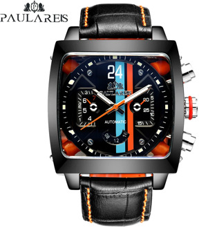Automatic Self Wind Mechanical Genuine Leather Stainless Steel Black Orange Blue Casual Perspective See Through Men Watch