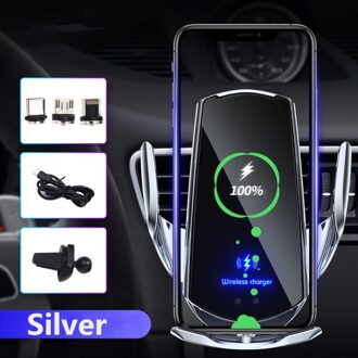 Automatische Infrarood Sensor 15W Snelle Auto Draadloze Oplader Mount Auto Telefoon Houder Voor Iphone 12 11 Xs Xr X 8 Samsung S10 S20 S21 zilver