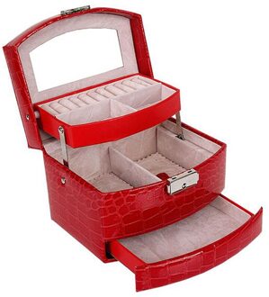 Automatische Lederen Sieraden Doos Drie-layer Opbergdoos Voor Vrouwen Oorbel Ring Cosmetische Organisator Kist Voor Decoraties rood