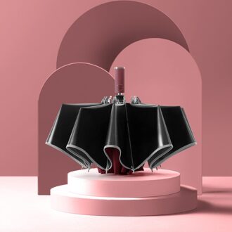 Automatische Paraplu Reverse Vouwen Business Paraplu Met Reflecterende Strips Paraplu Regen Voor Mannen Vrouwen Zwarte Coating wijn