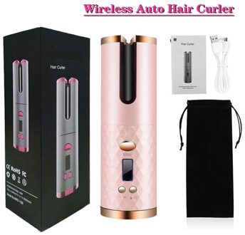 Automatische Roterende Haar Krultang Draadloze Krultang Beach Wave Haar Tang Curling Wand Draadloze Haar Crimper Styling Tools roze
