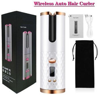 Automatische Roterende Haar Krultang Draadloze Krultang Beach Wave Haar Tang Curling Wand Draadloze Haar Crimper Styling Tools wit
