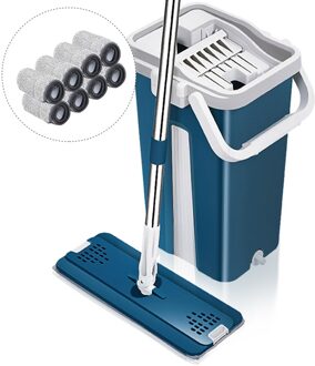 Automatische Spin Mop Met Emmer Platte Squeeze Hand Gratis Wringen Magic Mop Microfiber Mop Pads Home Kitchen Floor Cleaning 8 mop pads blauw