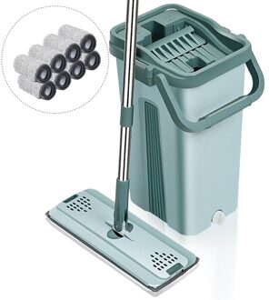 Automatische Spin Mop Met Emmer Platte Squeeze Hand Gratis Wringen Magic Mop Microfiber Mop Pads Home Kitchen Floor Cleaning 8 mop pads groen