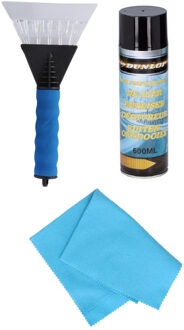 Autoramen IJskrabber soft grip 25 cm met ruitenontdooi spray en anti-condens doek - IJskrabbers Blauw