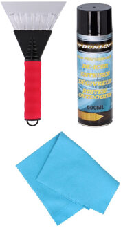 Autoramen IJskrabber soft grip 25 cm met ruitenontdooi spray en anti-condens doek - IJskrabbers Rood