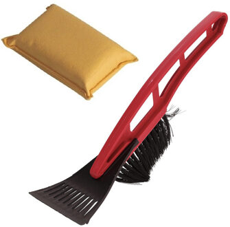 Autoramen stevige IJskrabber met borstel rood 31 cm met anti-condens spons - IJskrabbers