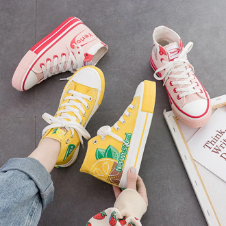 Autumn High-top Canvas Shoes Women's Shoes Chic 2019 Fashionable Shoes Lemon Yellow Strawberry Pink Fruit Cartoon Sneakers 35-40