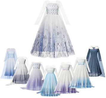 Autumn Winter Elsa Dress Girl Princess Cosplay Snow Queen 2 White Long Sleeve Mesh Prom Gown Carnival Party Costumes for Kids