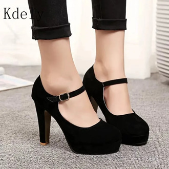 Autumn Women's Pumps Flock Sweet Woman Thick High Heels Ankle Strap Flock Female Platform Mary Jane Women Shoes Ladies Footwear