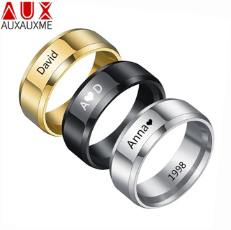 Auxauxme Personlized Name Wedding Ring Stainless Steel Engraved Names Date Custom Jewelry for Women Men Anniversary gift