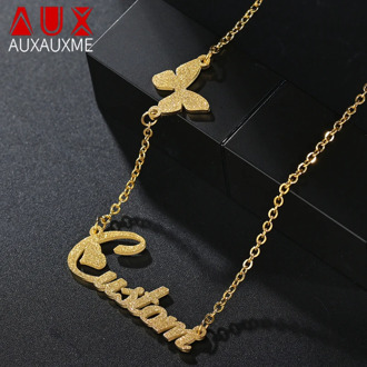 Auxauxme Shining Butterfly Name Necklace Matte Stainless Steel Heart Font Women Gold Pendant Necklaces Personlized Jewelry