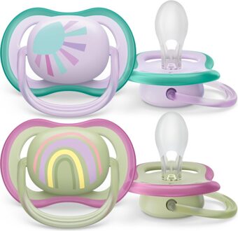 Avent Ultra Air Fopspeen - 0 tot 6 Maanden - 2 Speentjes - Paars/Groen Zon/Regenboog