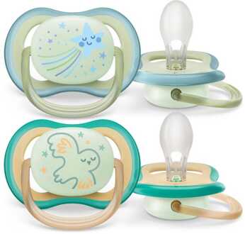 Avent Ultra Air Nighttime Glow in the Dark Fopspeen - 0 tot 6 Maanden - 2 Speentjes - Groen/Oranje Ster/Uil