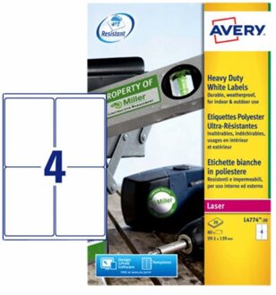 Avery Etiket Avery L4774-20 99.1x139mm polyester wit 80stuks