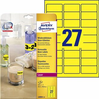 Avery Etiket avery l6004-25 63.5x29.6 neon geel 675 Etiketten