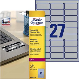 Avery Etiket Avery L6011-20 63.5x29.6mm zilver 540stuk