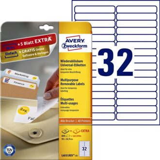 Avery Etiket Avery L6031REV-25 96x16.9mm afneembaar wit 800stuks