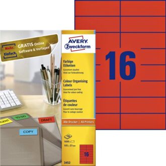 Avery Etiket Avery Zweckform 3452 105x37mm rood 1600stuks