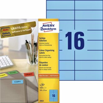 Avery Etiket Avery Zweckform 3453 105x37mm blauw 1600stuks