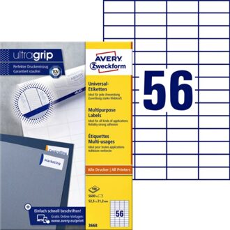 Avery Etiket Avery Zweckform 3668 52.5x21.2mm wit 5600stuks