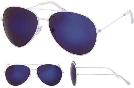 Aviator zonnebril wit met blauwe glazen voor volwassenen - Piloten zonnebrillen dames/heren