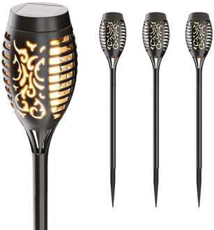 Avon - 4x LED Solarlamp - Tuinfakkel met vlammeneffect en schemerschakelaar - 2200K extra warm wit - IP44 Spatwaterdicht - Prikspot 50cm - Solar tuinverlichting Zwart