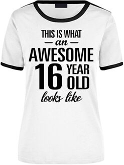 Awesome 16 year / 16 jaar wit/zwart ringer cadeau t-shirt voor dames M