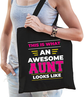 Awesome aunt / geweldige tante katoenen tas - zwart - 42 x 38 cm - Feest Boodschappentassen