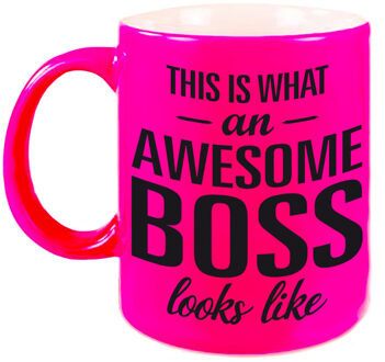 Awesome boss fluor roze cadeau mok / beker voor werkgever 330 ml - feest mokken