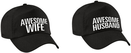 Awesome husband and wife cadeau petten / caps zwart voor bruidspaar / koppels - Verkleedhoofddeksels