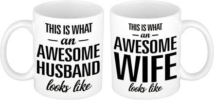 Awesome husband and wife mok / beker wit - cadeau set - bruiloft / huwelijk / jubileum - feest mokken Multikleur