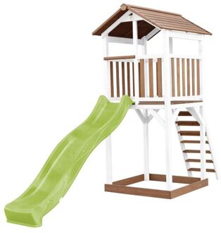 AXI Beach Tower Speeltoestel van hout in Bruin en Wit Speeltoren met zandbak en lichtgroene glijbaan