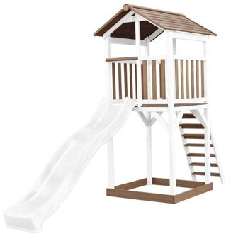AXI Beach Tower Speeltoestel van hout in Bruin en Wit Speeltoren met zandbak en witte glijbaan