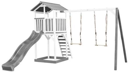 AXI Beach Tower Speeltoestel van hout in Grijs en Wit Speeltoren met zandbak, dubbele schommel en grijze glijbaan