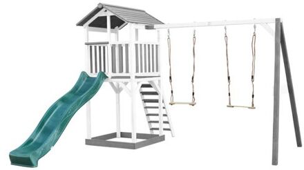 AXI Beach Tower Speeltoestel van hout in Grijs en Wit Speeltoren met zandbak, dubbele schommel en groene glijbaan