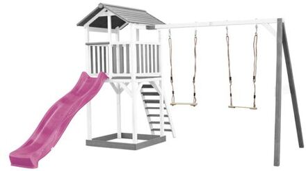 AXI Beach Tower Speeltoestel van hout in Grijs en Wit Speeltoren met zandbak, dubbele schommel en paarse glijbaan