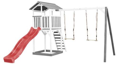 AXI Beach Tower Speeltoestel van hout in Grijs en Wit Speeltoren met zandbak, dubbele schommel en rode glijbaan