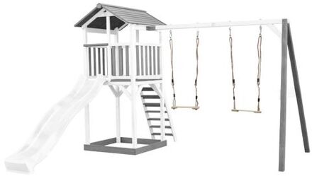 AXI Beach Tower Speeltoestel van hout in Grijs en Wit Speeltoren met zandbak, dubbele schommel en witte glijbaan