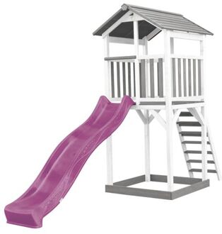 AXI Beach Tower Speeltoestel van hout in Grijs en Wit Speeltoren met zandbak, en paarse glijbaan
