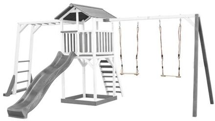 AXI Beach Tower Speeltoestel van hout in Grijs en Wit Speeltoren met zandbak, klimrek, dubbele schommel en grijze