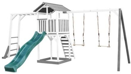 AXI Beach Tower Speeltoestel van hout in Grijs en Wit Speeltoren met zandbak, klimrek, dubbele schommel en groene