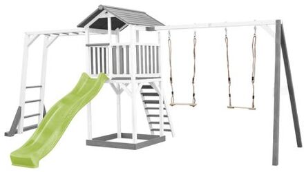 AXI Beach Tower Speeltoestel van hout in Grijs en Wit Speeltoren met zandbak, klimrek, dubbele schommel en limoen