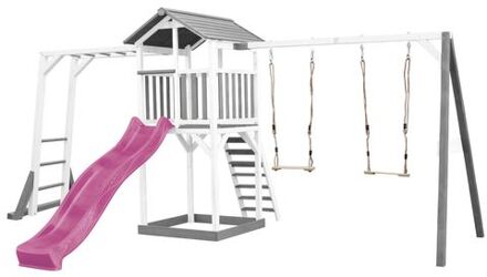 AXI Beach Tower Speeltoestel van hout in Grijs en Wit Speeltoren met zandbak, klimrek, dubbele schommel en paarse