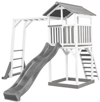 AXI Beach Tower Speeltoestel van hout in Grijs en Wit Speeltoren met zandbak, klimrek en grijze glijbaan